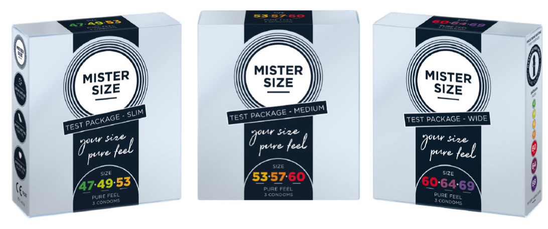 Três pacotes diferentes de teste de preservativos Mister Size