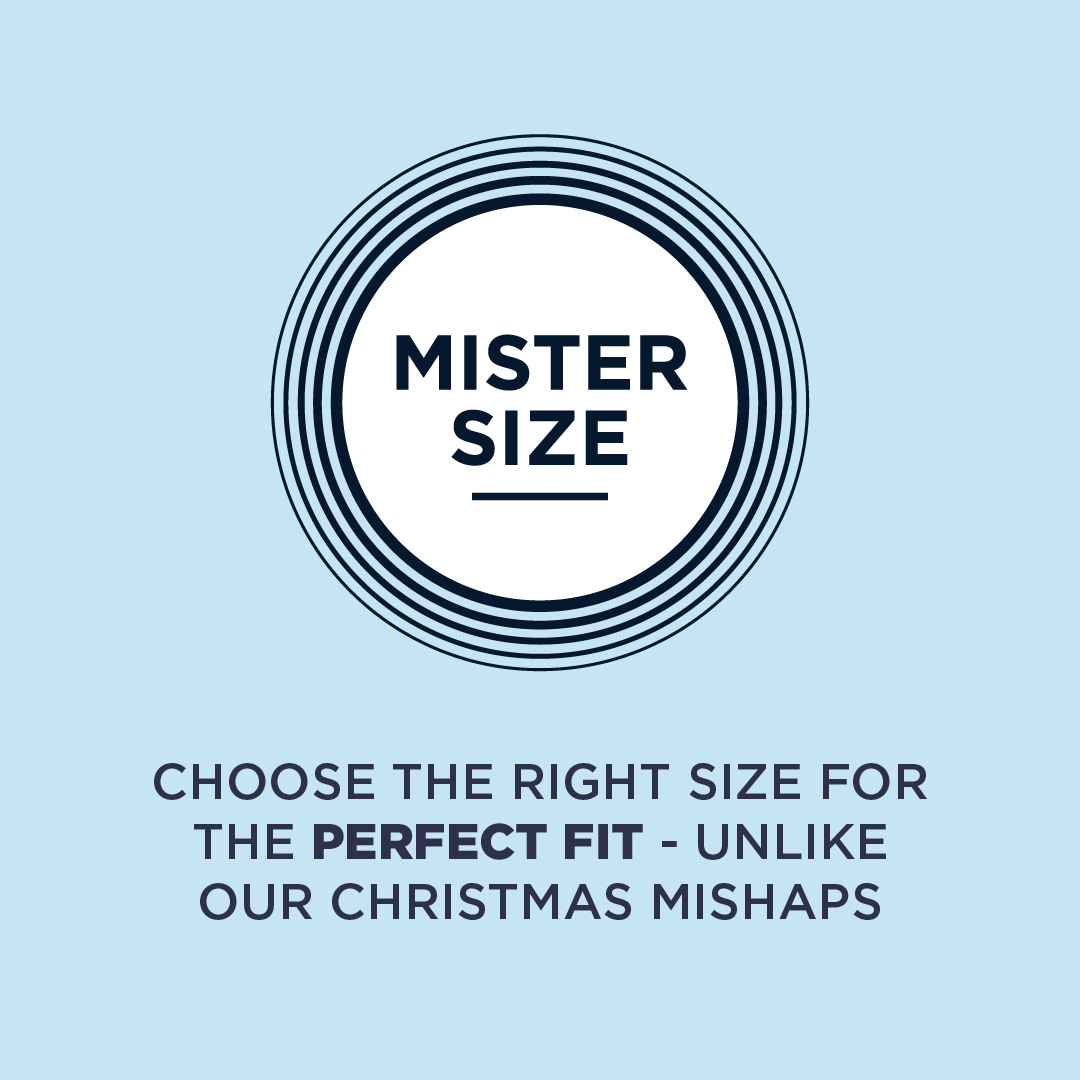 Logotipo Mister Size com texto por baixo: Escolha o tamanho certo para o ajuste perfeito